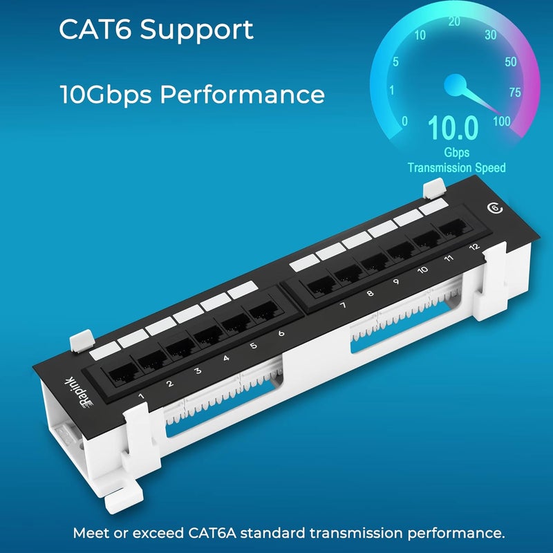 Rapink Patch Panel 12 Port Cat6 10G Support, Network Patch Panel UTP 10-Inch, Wallmount 1U Ethernet Patch Panel Punch Down Block for Cat6, Cat5e, Cat5 Cabling - Image 2